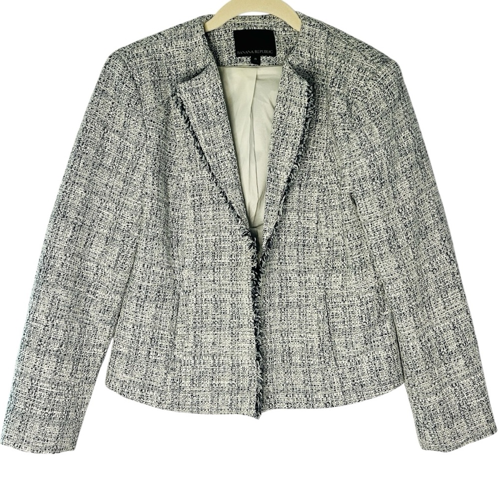 Banana Republic Nova Fides Italy Timeless Blue / White Raw Hem Woven Blazer Sz 8